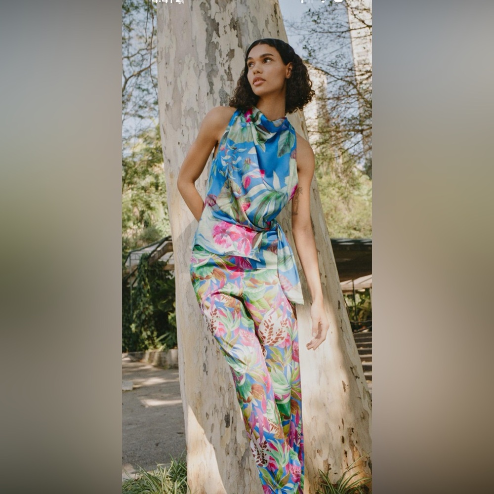 2-pc Zara satin tropical print top and pants set